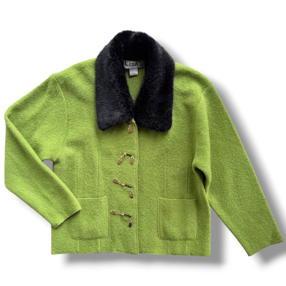Lisa International Women's L Lime Green Boiled Wool Black Faux Fur Collar Jacket